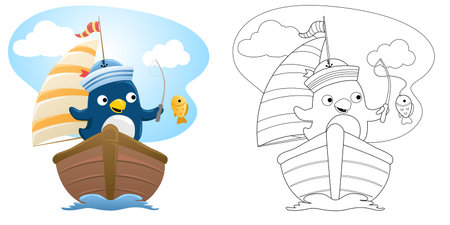Vector illustration of cartoon cute penguin sailor fishing on sailboat. Coloring book or pagのイラスト素材