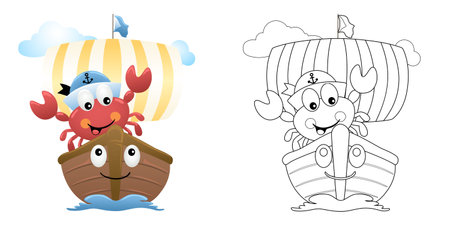 Vector illustration of cartoon crab sailor on funny sailboat. Coloring book or page for kidsのイラスト素材