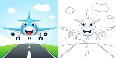 Vector illustration of cartoon funny airplane in landing. Coloring book or page for kidsのイラスト素材