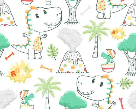 seamless pattern vector of cartoon dinosaur with prehistoric elementsのイラスト素材