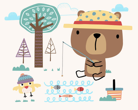 Vector illustration of cartoon cute bear with little bird fishing in the woodsのイラスト素材