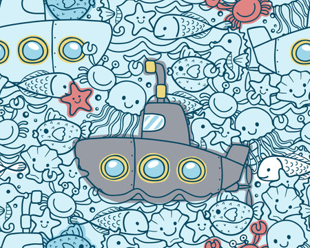 seamless pattern vector of cartoon submarine with marine animalsのイラスト素材