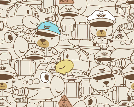 seamless pattern vector of cartoon air vehicles elements with cute bear in pilot costumeのイラスト素材