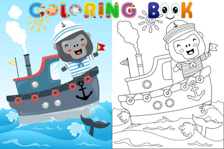 Vector coloring book with funny gorilla sailor on boat in the seaのイラスト素材