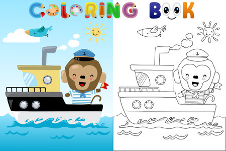 Vector coloring book with cute monkey sailor on boatのイラスト素材