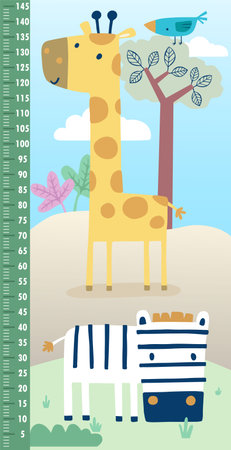 Vector illustration of height measurement wall with funny animals cartoonのイラスト素材