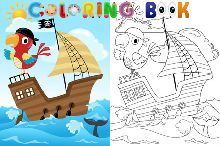 Vector coloring book with cute parrot on sailboatのイラスト素材