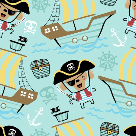 Vector seamless pattern of pirate elements and sailboat with monkey pirateのイラスト素材