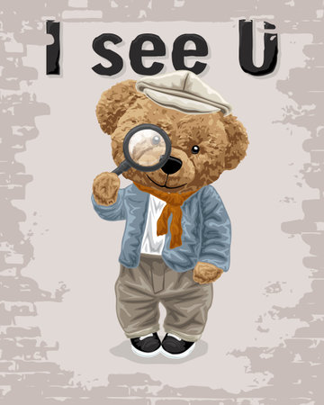 vector illustration of bear doll in detective costume holding magnifying glassのイラスト素材