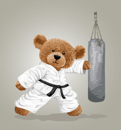 vector illustration of bear doll wearing karate costume hitting punching bagのイラスト素材