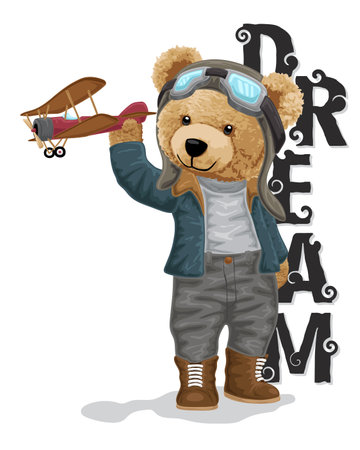 vector illustration of bear doll in pilot costume holding airplane toyのイラスト素材