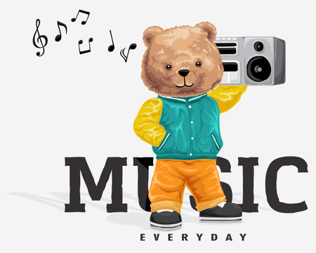 vector illustration of bear doll in hip hop style fashion carrying tape recorder on its shouldersのイラスト素材