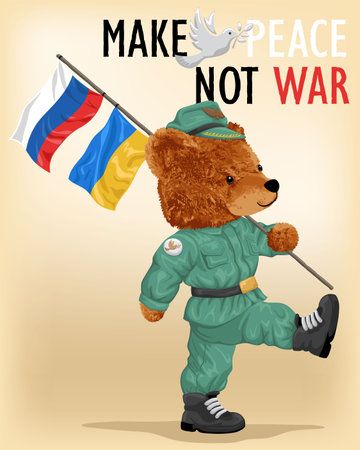 Vector illustration of teddy bear army carrying Russian and Ukrainian flag in peace campaign paradeのイラスト素材