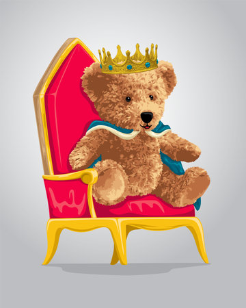 Vector illustration of cute bear doll cartoon with crown sitting on throneのイラスト素材