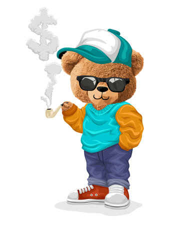Vector illustration of stylish bear doll with sunglasses holding tobacco pipeのイラスト素材