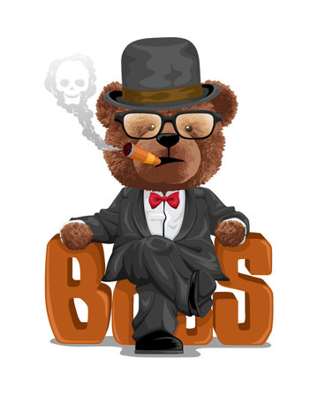 Vector illustration of teddy bear in suit wearing bowler hat sitting on BOSS text while smokingのイラスト素材