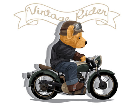 Hand drawn vector illustration of teddy bear riding motorcycleのイラスト素材