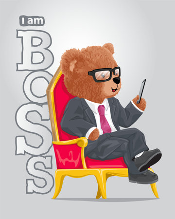 Vector illustration of teddy bear in suit sitting on throne while holding smartphoneのイラスト素材