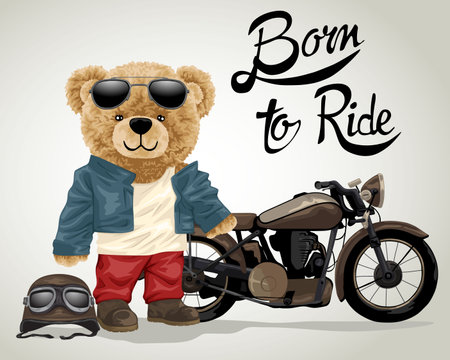 Hand drawn vector illustration of teddy bear in biker costume with motorcycleのイラスト素材