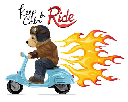 Hand drawn vector illustration of teddy bear riding scooterのイラスト素材