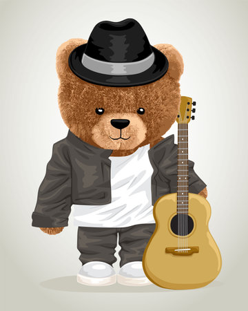 Vector illustration of teddy bear in musician costume with acoustic guitarのイラスト素材