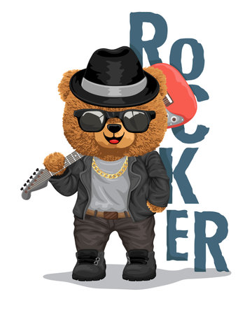 Vector illustration of teddy bear in rocker costume carrying electric guitar on its shoulderのイラスト素材