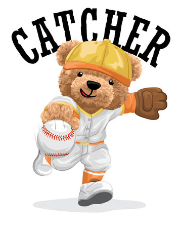 Hand drawn vector illustration of teddy bear playing baseballのイラスト素材