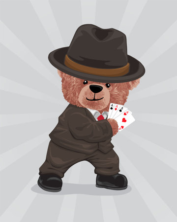 Vector illustration of teddy bear in suit wearing bowler hat holding aces playing cardのイラスト素材