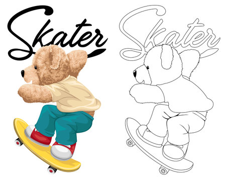 Hand drawn vector illustration of teddy bear playing skateboard. Coloring book or pageのイラスト素材