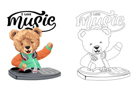 Hand drawn vector illustration of disc jockey teddy bear. Coloring book or pageのイラスト素材