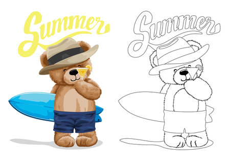 Hand drawn vector illustration of teddy bear holding cocktail with surfboard. Coloring book or pageのイラスト素材