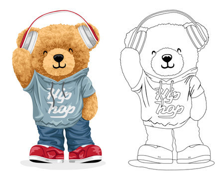 Hand drawn vector illustration of teddy bear in hiphop style with headphones. Coloring book or pageのイラスト素材