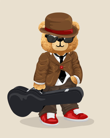 Hand drawn teddy bear cartoon in musician stylish with guitar caseのイラスト素材