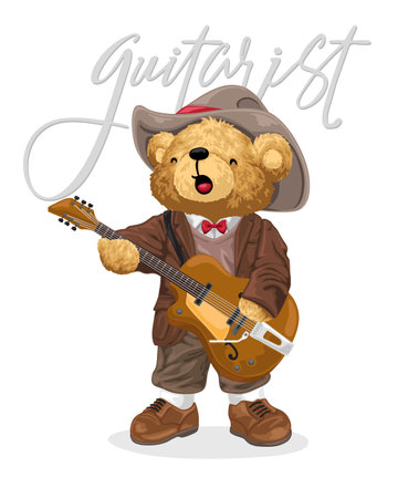 Hand drawn teddy bear cartoon playing guitarのイラスト素材
