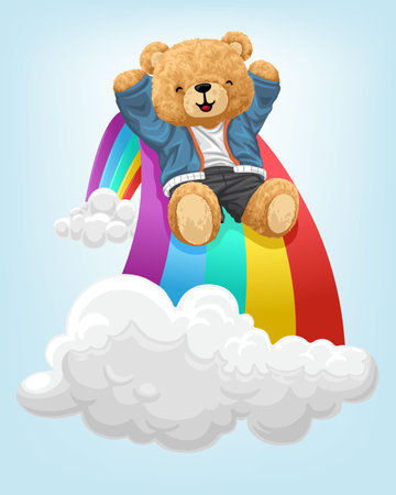 Vector illustration of cute teddy bear sliding on rainbowのイラスト素材