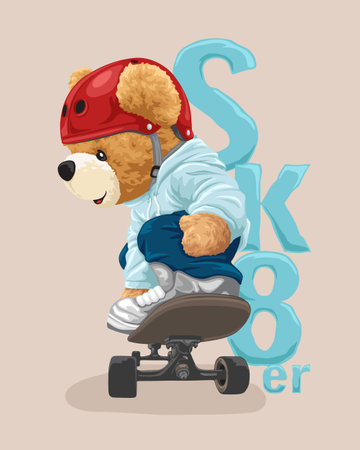 Vector illustration of hand drawn teddy bear playing skateboardのイラスト素材