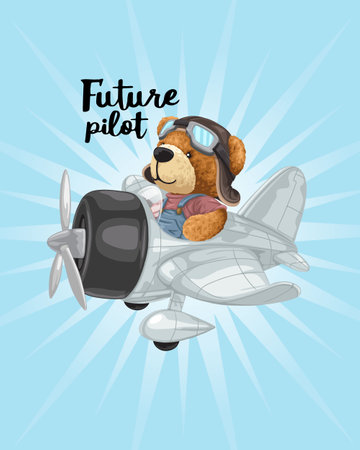 Vector illustration of hand drawn teddy bear on vintage airplaneのイラスト素材