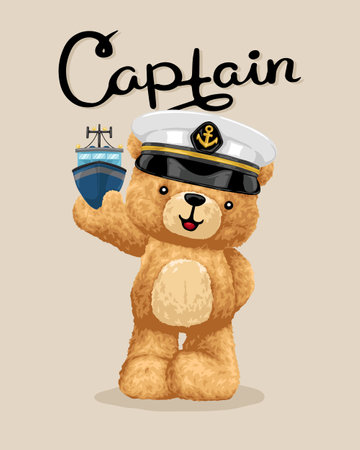 Vector illustration of hand drawn teddy bear wearing sailor hat holding boat toyのイラスト素材
