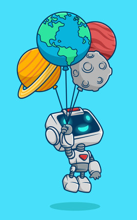 Vector illustration of cute robot cartoon floating with planets balloonのイラスト素材