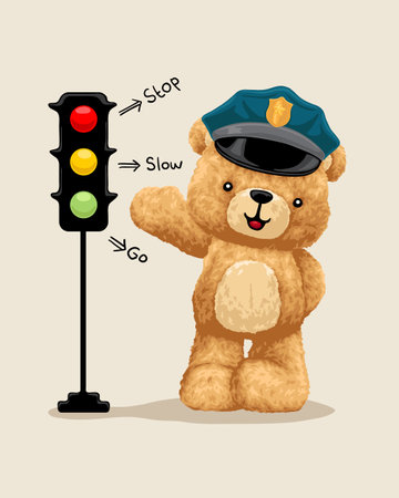 Vector illustration of hand drawn teddy bear wearing cop hat with stoplightのイラスト素材