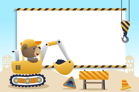 Cute bear on construction vehicle with blank sign. Construction elements vector cartoon illustration