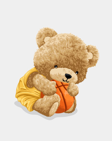 Vector cartoon illustration, funny teddy bear hugging basketball ball