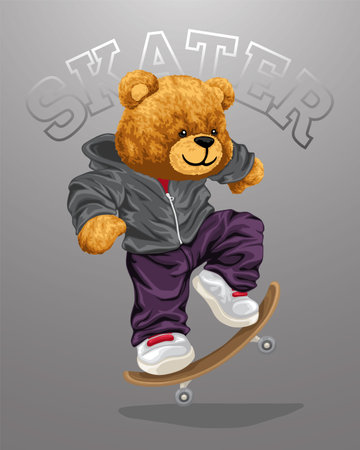 Hand drawn vector illustration of teddy bear playing skateboardのイラスト素材