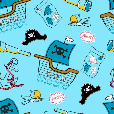 Seamless pattern vector of pirate sailing element cartoon in hand drawn styleのイラスト素材