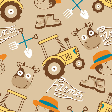 Seamless pattern vector of farming elements cartoonのイラスト素材