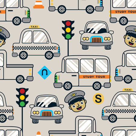 Seamless pattern vector of vehicles cartoon with traffic elements and funny copのイラスト素材
