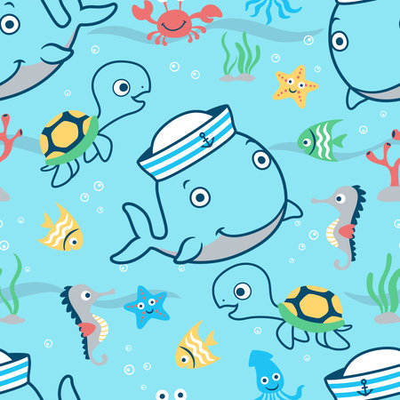 Seamless pattern vector of marine animals cartoonのイラスト素材