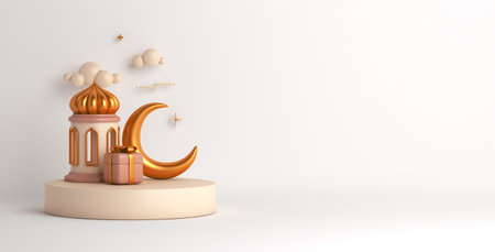 3d rendering of mosque and crescent moon on podium in white backgroundの写真素材