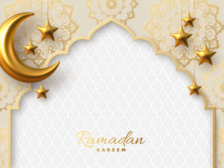Ramadan Kareem greeting card with golden crescent moon and stars. Vector illustrationの写真素材
