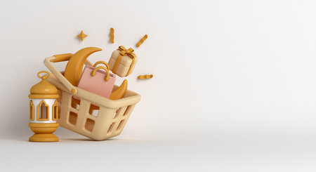 3d rendering of a shopping basket full of gifts and a lanternの写真素材